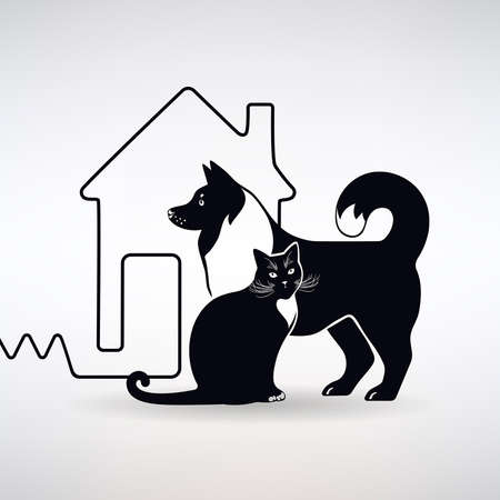 dog and cat against the background of the silhouette of the house on a light backgroundのイラスト素材