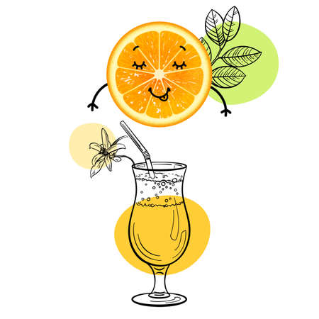 cartoon orange with a cocktail glass of juice on a white backgroundのイラスト素材