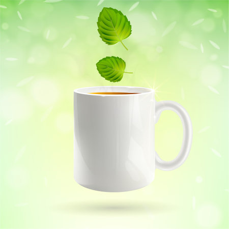 morning cup of tea with mint leaves on a light green backgroundのイラスト素材