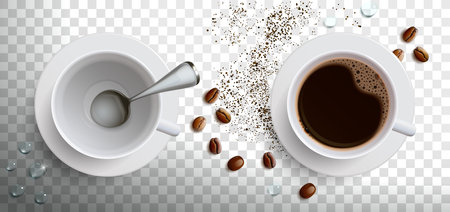 empty white mug with spoon and full mug with coffee on transparent backgroundのイラスト素材