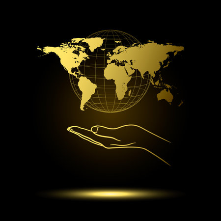 golden open palm with world map on black backgroundのイラスト素材