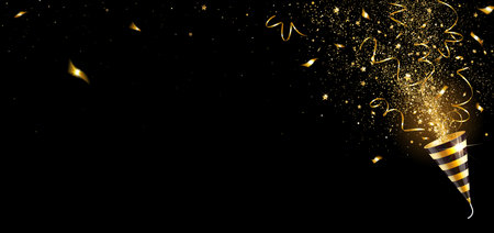 greeting horizontal banner with explosion party popper with gold confetti on a black backgroundのイラスト素材