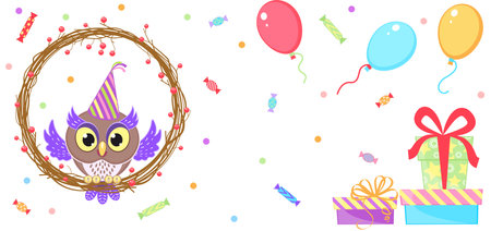 happy birthday horizontal banner with funny owl and colorful confetti on white backgroundのイラスト素材