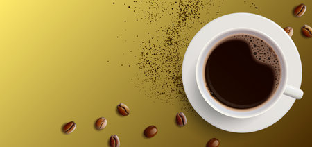 cup of coffee with coffee beans on golden backgroundのイラスト素材
