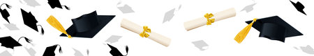 horizontal background with graduate caps and diplomas tossed into the sky on a white backgroundのイラスト素材