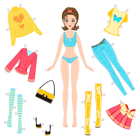 beautiful paper doll with a set of clothes on a white backgroundのイラスト素材