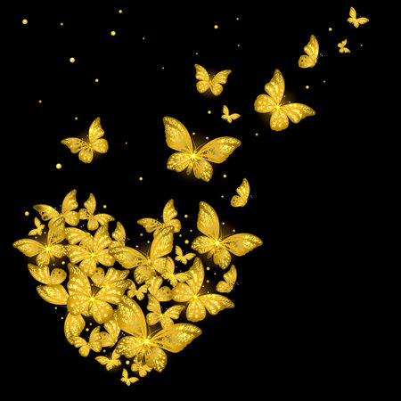 a flock of golden decorative butterflies formed a heart shape on a black backgroundのイラスト素材