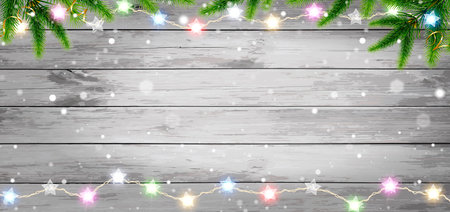 congratulatory banner with colorful glowing garlands on wood texture backgroundのイラスト素材