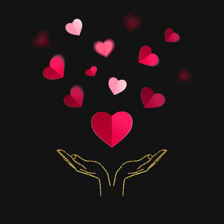golden open hands with confetti of red hearts on a black backgroundのイラスト素材