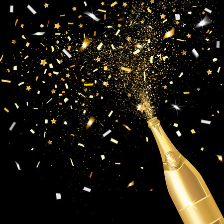 explosion of golden confetti from champagne bottle in gold color on black backgroundのイラスト素材
