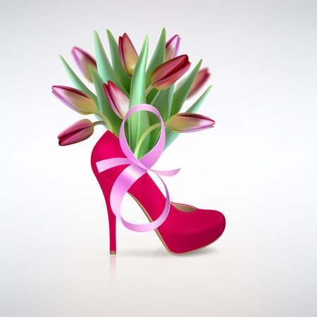 greeting card for the eighth of March with red women's high-heeled shoes and tulipsのイラスト素材