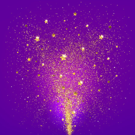 explosion of golden confetti with golden stars on a purple backgroundのイラスト素材