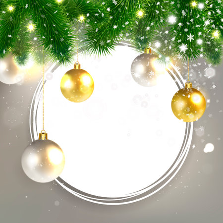 Christmas background with a garland of fir branches and Christmas decorationsのイラスト素材