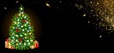 horizontal Christmas background with Christmas tree and gold confettiのイラスト素材
