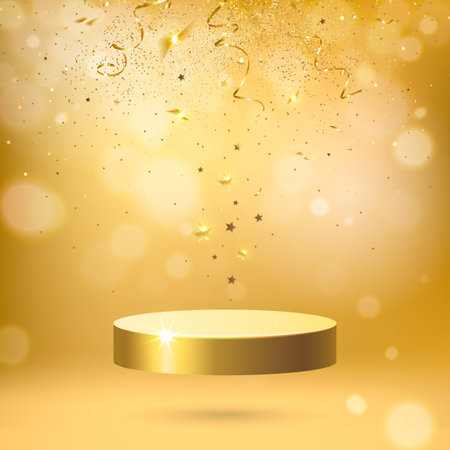 podium on a golden background with golden confettiのイラスト素材