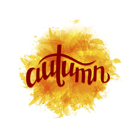 Abstract  background with paint stains, brush strokes, blots and hand drawn word 'autumn'. Imitation of watercolor.Vector illustrationのイラスト素材