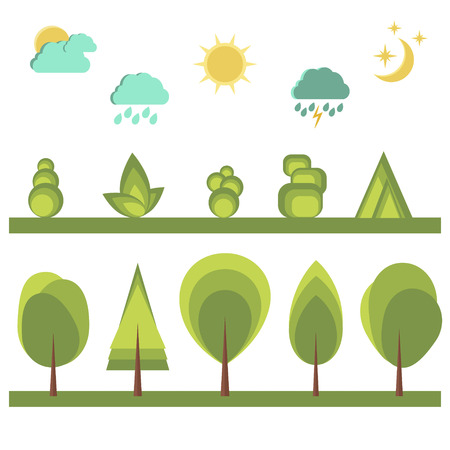 Set of landscape elements for flat design.Trees, bushes, sun, moon,stars, clouds, rain drops, lightning. Vector illustrationのイラスト素材