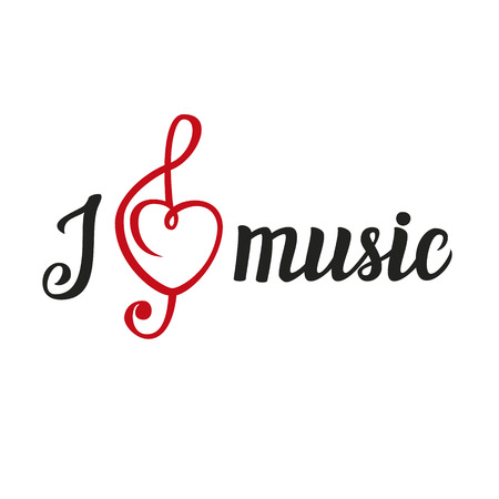 Hand lettering typography poster.Calligraphic script with the heart in the form of a treble clef.Romantic quote "I love music" isolated on white.For posters, cards, home decorations, t shirt design.Vector illustration.のイラスト素材