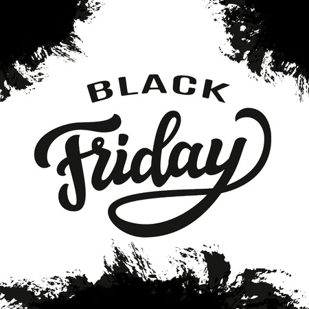 Black Friday typography template. Hand drawn lettering on abstract paint brush background. Vector calligraphy for posters, flyers, banners, adsのイラスト素材