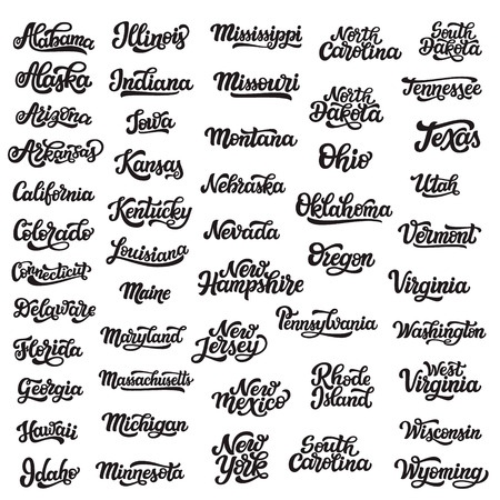 Big set of fifty hand drawn USA state names isolated on white background. Modern calligraphy for posters, cards, t shirts, souvenirs, stickers. American vector lettering typographyのイラスト素材