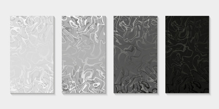 Set of abstract marbled templates. Monochrome fluid background for posters, banners, flyers, phone covers, web, ads, wedding invitations, cards. Black, grey, white vector textureのイラスト素材