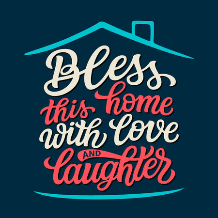Bless this home with love and laughter. Hand lettering quote in a house shape. Vector typography for home decorations, wedding, posters, cardsのイラスト素材