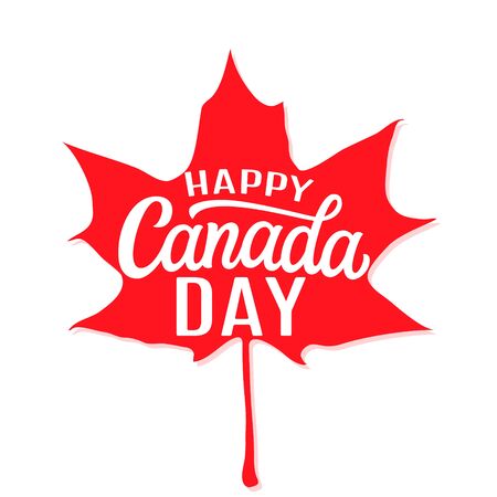 Happy Canada day. Hand drawn text with red maple leaf isolated on white background. Vector typography for posters, cards, t-shirts, banners, labelsのイラスト素材