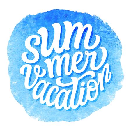Summer vacation. Hand draw text on blue watercolor background. Vector typography for t shirts, posters, cards, banners, social mediaのイラスト素材