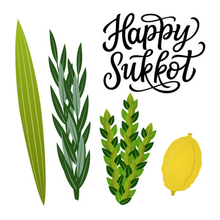 Happy Sukkot. Hand lettering text with sukkot four species (lulav, etrog, hadas, aravag) isolated on white background. Vector typography for jewish holiday decorations, cards, banners, postersのイラスト素材