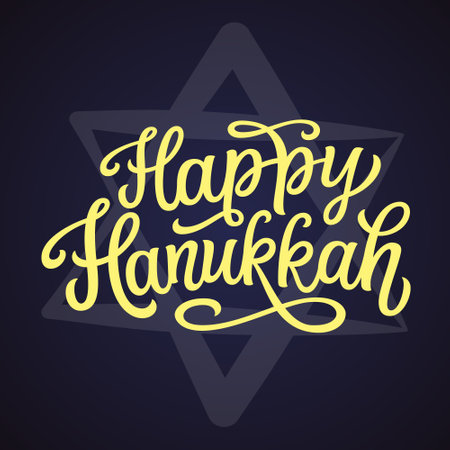 Happy Hanukkah. Hand lettering text with a star of David on dark background. Vector typography for cards, banners, postersのイラスト素材