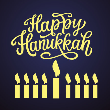Happy Hanukkah. Hand lettering text with candles on dark background. Vector typography for cards, banners, postersのイラスト素材
