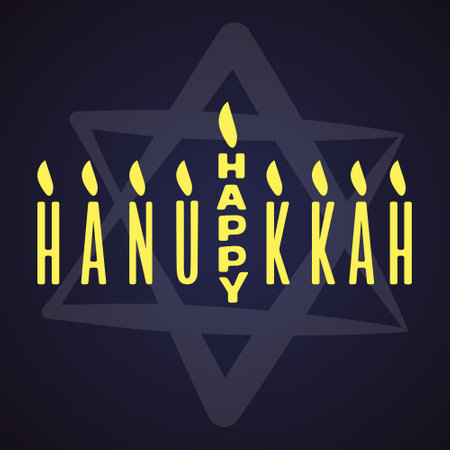 Happy Hanukkah. Hand lettering text with a star of David and flame on dark background. Vector typography for cards, banners, postersのイラスト素材