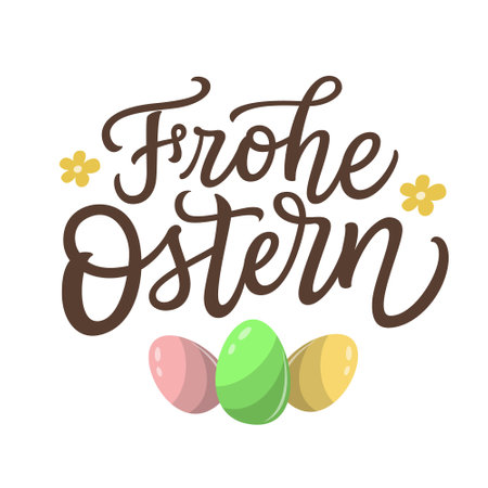 Happy Easter in german. Hand lettering text with flat eggs and flowers  on white background. Vector typography for posters, cards, banners, flyersのイラスト素材
