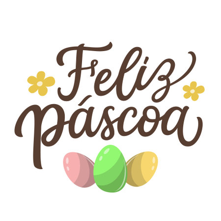 Happy Easter in portugal. Hand lettering text with flat eggs and flowers  on white background. Vector typography for posters, cards, banners, flyersのイラスト素材