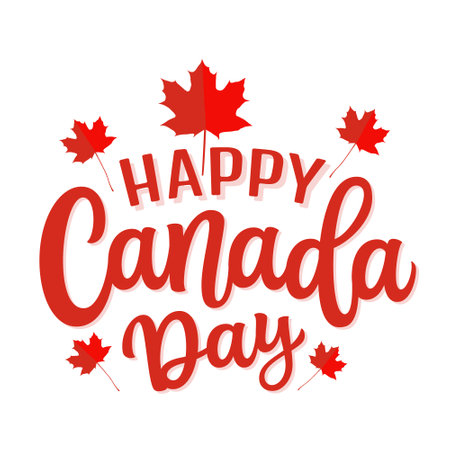 Happy Canada day. Hand lettering text with maple leaves on white background. Vector typography for independence day decorapions, posters, banners, cardsのイラスト素材