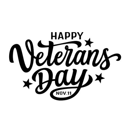 Happy Veterans day, nov.11. Hand lettering black text isolated on white background. Vector typography for posters, t shirts, cards, banners, labels, social mediaのイラスト素材