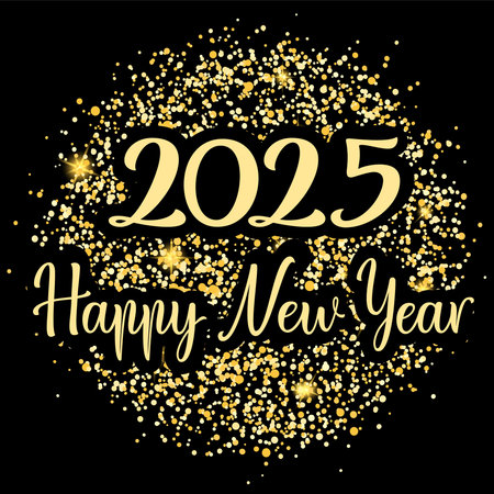 Happy New year. Hand lettering script golden text in a round shape isolated on black background....