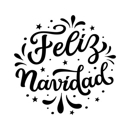 Feliz Navidad. Spanish translation: Merry Christmas. Hand lettering black text in a round shape isolated on white background. Vector typography for posters, cards, holiday decor, Christmas balls, ornamentsのイラスト素材