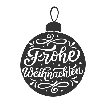 Merry Christmas in german. Hand lettering black text in a Christmas ball shape isolated on white background. Vector typography for posters, cards, holiday decor, Christmas tree ornamentsのイラスト素材