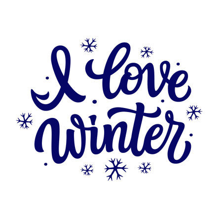 I love winter. Hand lettering blue text with snowflakes isolated on white background. Vector typography for winter holidays posters, banners, greeting cards, home decor, mugs, clothesのイラスト素材