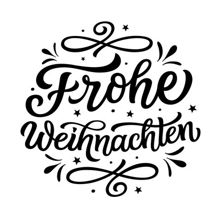 Merry Christmas in german. Hand lettering black text in a round shape isolated on white background. Vector typography for posters, cards, holiday decor, Christmas balls, ornamentsのイラスト素材