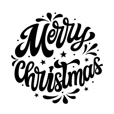 Merry Christmas. Hand lettering black text in a round shape isolated on white background. Vector typography for posters, cards, holiday decor, Christmas balls, ornamentsのイラスト素材