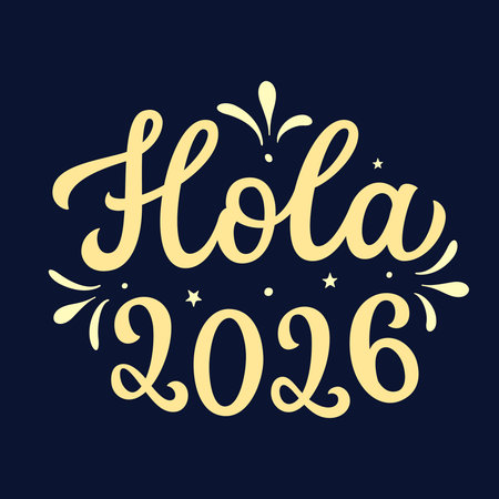 Hello2026 in spanish. Hand lettering golden script text on dark blue background. Vector typography for posters, banners, cards, New year or Christmas decorationsのイラスト素材