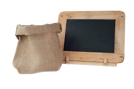 Sack and Blackboard isolated on white backgroundの写真素材