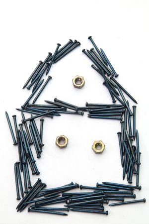 Conceptual of blue steel nail construction house with windowsの写真素材