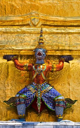 Guardian statue (yak) at the temple Wat phra kaew in the Grand palace area, one of the major tourism attractions in Bangkok, Thailandの写真素材