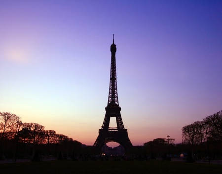 Silhouette of Eiffel Tower in the evening. The Eiffel tower is the most visited monument of France.の写真素材