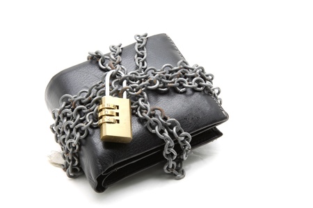 black leather wallet with pad lockの写真素材