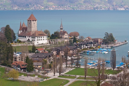 Spiez Church with Lake of Thun Switzerland top viewの写真素材