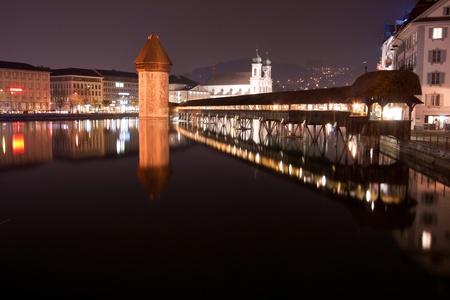 landscape of lucern lake with Chapel bridge Switzerlandの写真素材